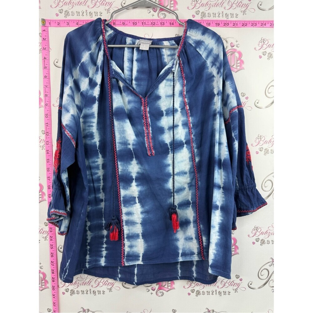 Chico's shirt blouse tassles red Blue Tie-Dye Peasant Tunic with Red Trim